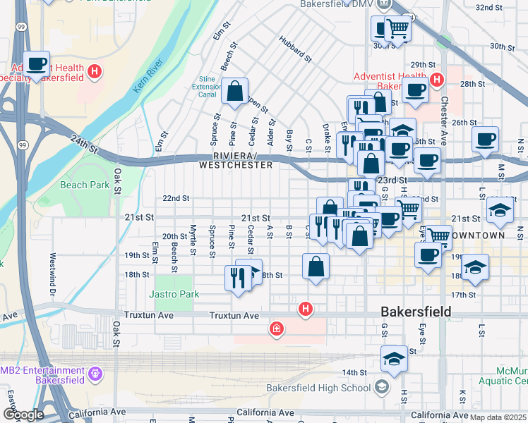 map of restaurants, bars, coffee shops, grocery stores, and more near 2401 22nd Street in Bakersfield