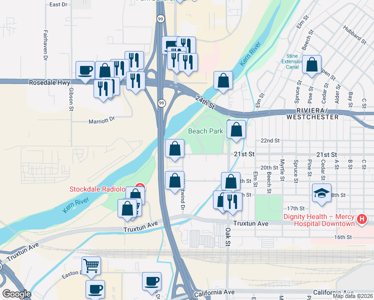 map of restaurants, bars, coffee shops, grocery stores, and more near 3434-3500 21st Street in Bakersfield