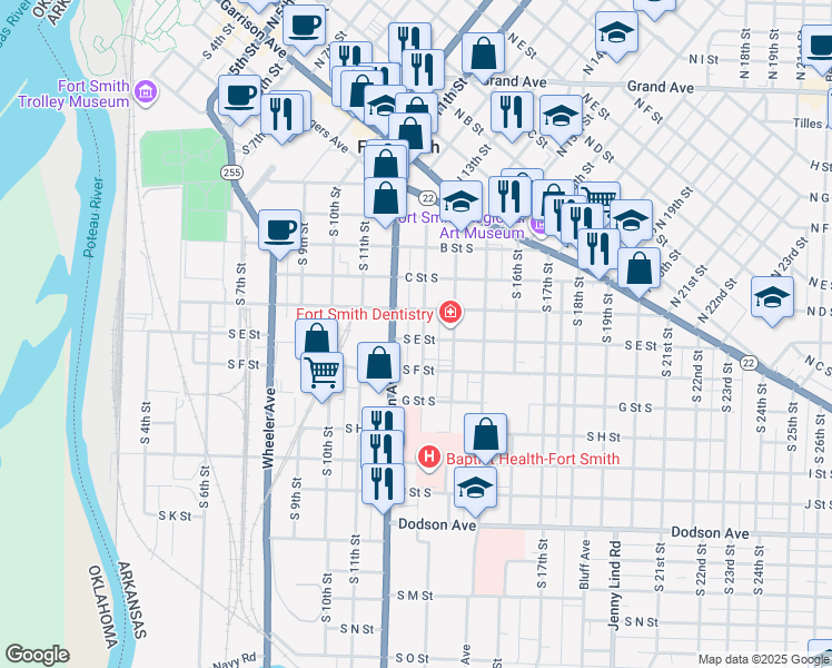 map of restaurants, bars, coffee shops, grocery stores, and more near 1220 South D Street in Fort Smith