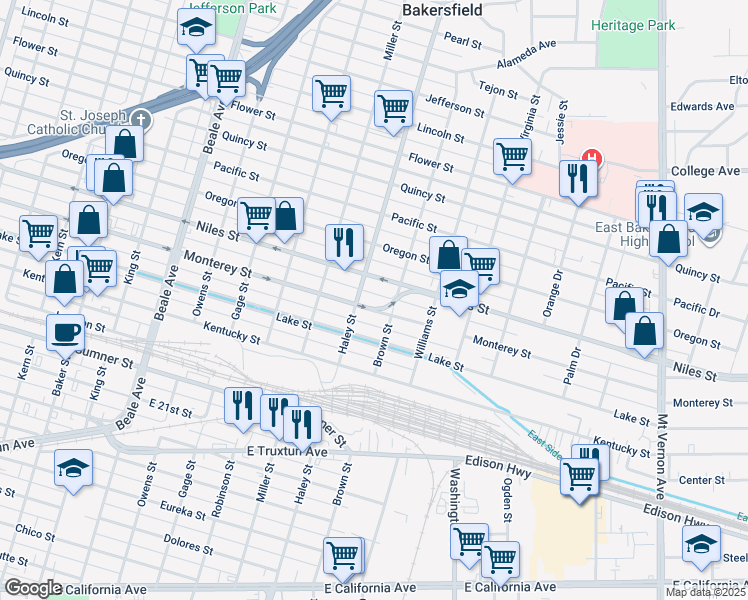 map of restaurants, bars, coffee shops, grocery stores, and more near 1408 Monterey Street in Bakersfield