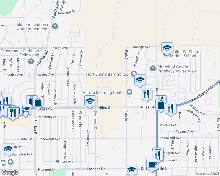 map of restaurants, bars, coffee shops, grocery stores, and more near 2707 Mallow Way in Bakersfield