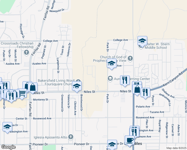 map of restaurants, bars, coffee shops, grocery stores, and more near 2707 Mallow Way in Bakersfield