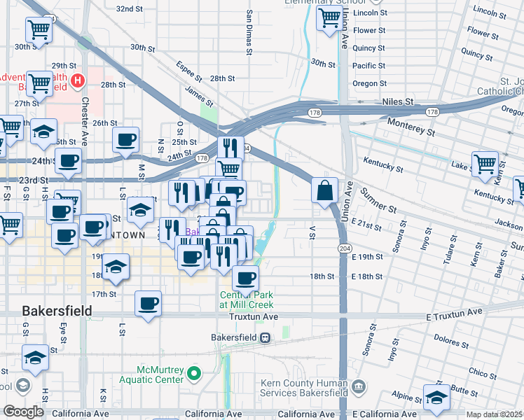map of restaurants, bars, coffee shops, grocery stores, and more near 2100 Boyington Way in Bakersfield