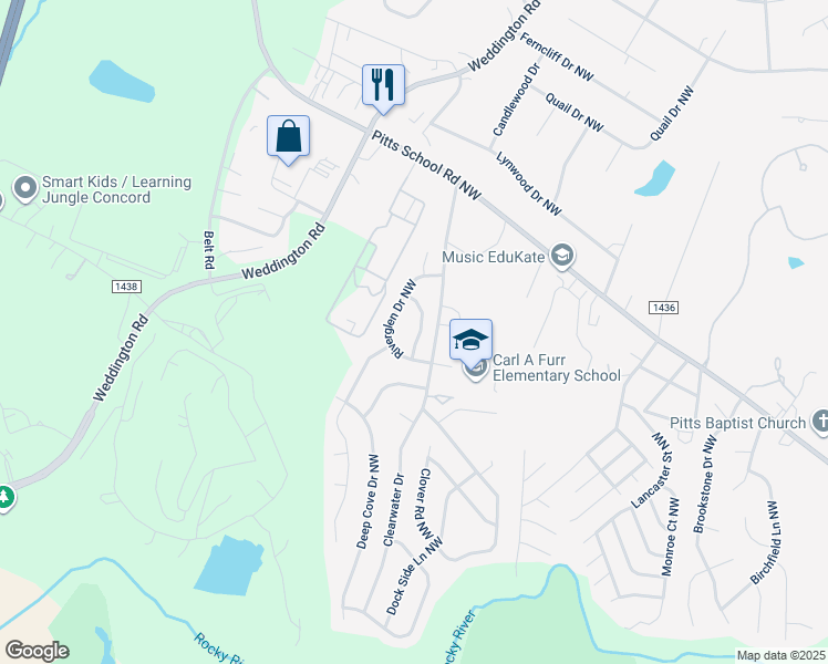 map of restaurants, bars, coffee shops, grocery stores, and more near 2736 Fishermans Drive Northwest in Concord