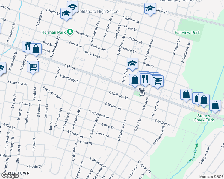 map of restaurants, bars, coffee shops, grocery stores, and more near 200-298 North Andrews Avenue in Goldsboro