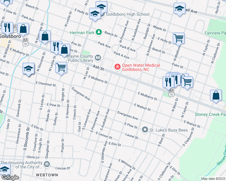 map of restaurants, bars, coffee shops, grocery stores, and more near 105 North Audubon Avenue in Goldsboro