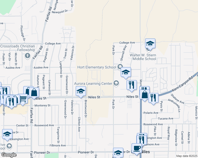 map of restaurants, bars, coffee shops, grocery stores, and more near 2301 Park Drive in Bakersfield