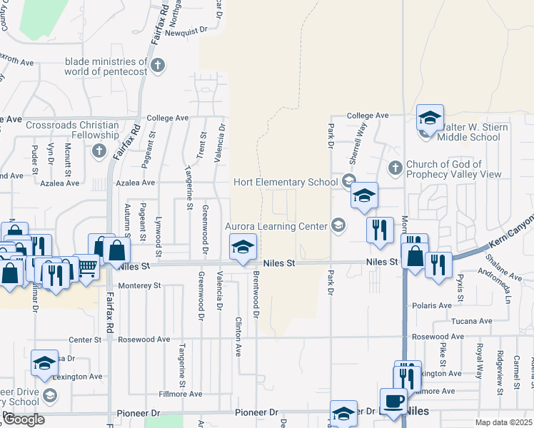 map of restaurants, bars, coffee shops, grocery stores, and more near 7299 Franklin Avenue in Bakersfield