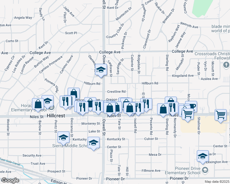 map of restaurants, bars, coffee shops, grocery stores, and more near 3112 Crestline Road in Bakersfield