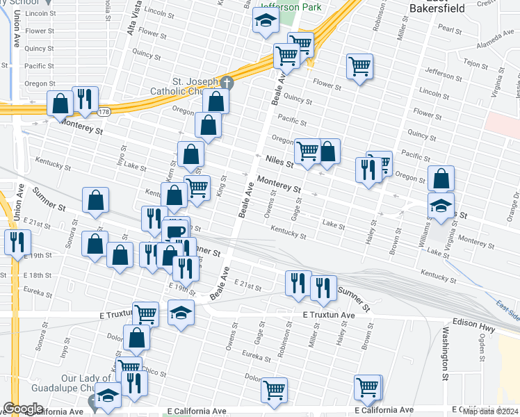 map of restaurants, bars, coffee shops, grocery stores, and more near 1130 Owens Street in Bakersfield