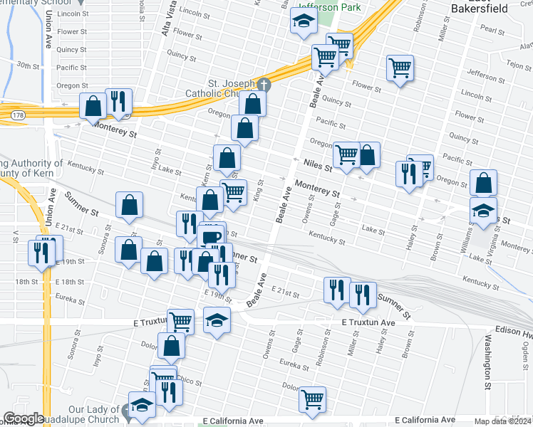 map of restaurants, bars, coffee shops, grocery stores, and more near 1010 Beale Avenue in Bakersfield