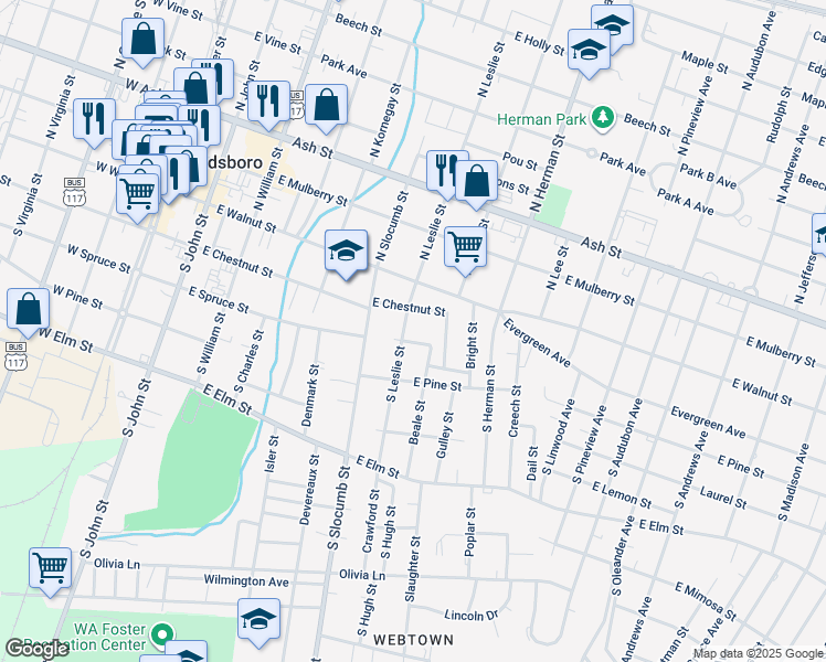 map of restaurants, bars, coffee shops, grocery stores, and more near 201 South Leslie Street in Goldsboro