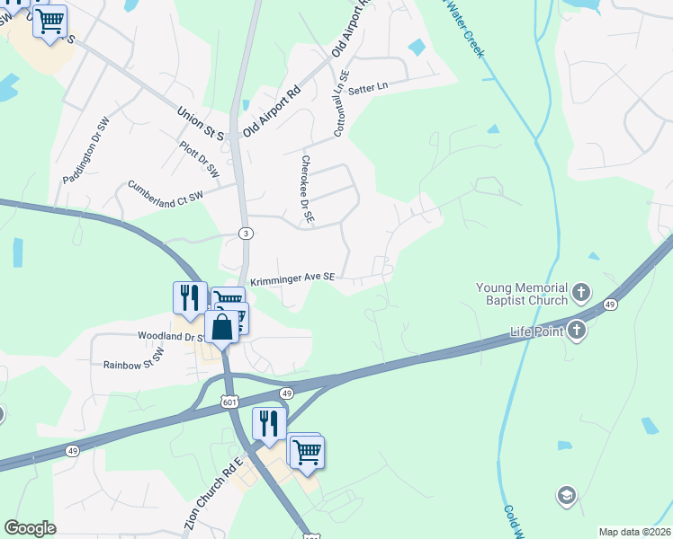map of restaurants, bars, coffee shops, grocery stores, and more near 1216 Hidden Oaks Drive Southeast in Concord