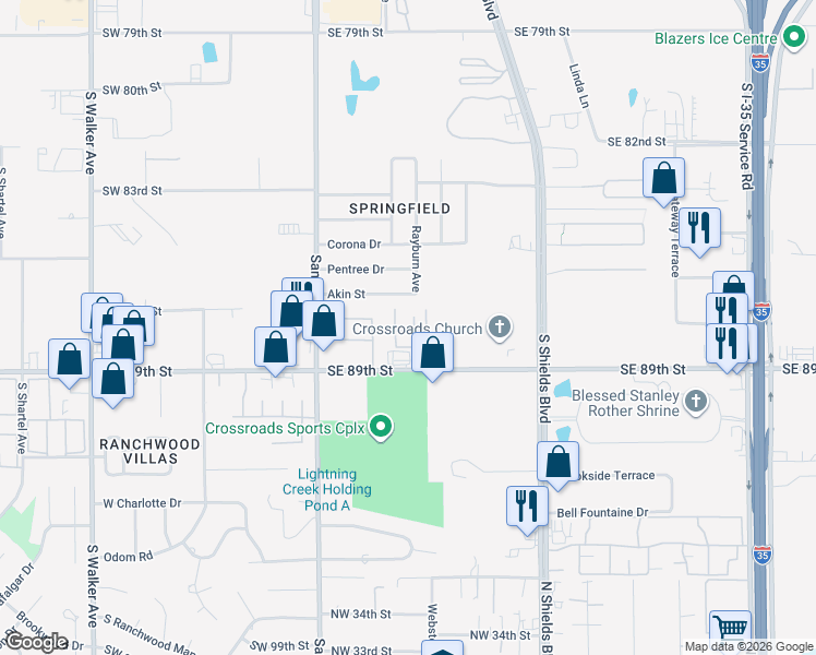 map of restaurants, bars, coffee shops, grocery stores, and more near 201 Southeast 89th Street in Oklahoma City