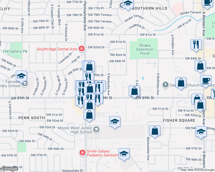 map of restaurants, bars, coffee shops, grocery stores, and more near 1508 Southwest 87th Street in Oklahoma City