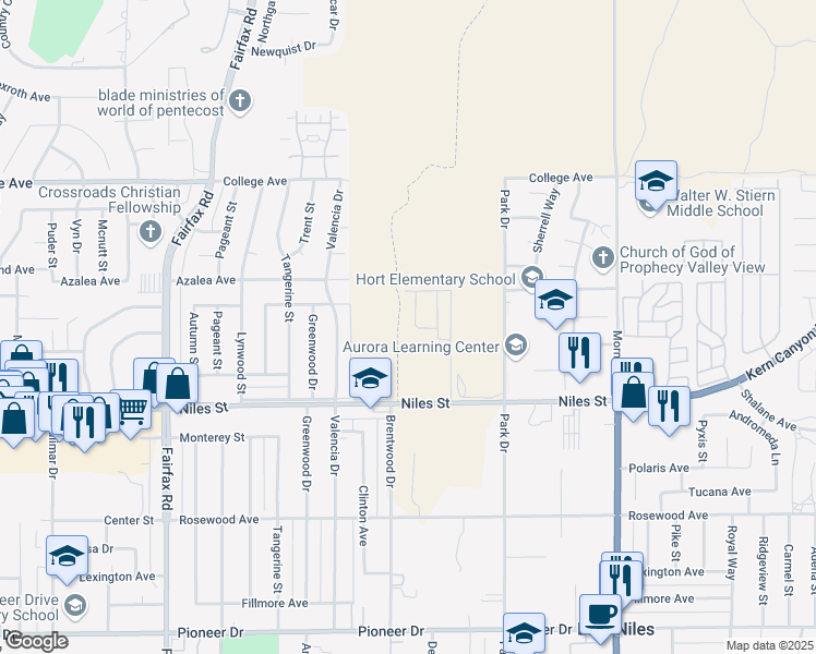 map of restaurants, bars, coffee shops, grocery stores, and more near 2704 Marivale Street in Bakersfield