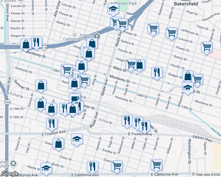 map of restaurants, bars, coffee shops, grocery stores, and more near 1130 Owens Street in Bakersfield