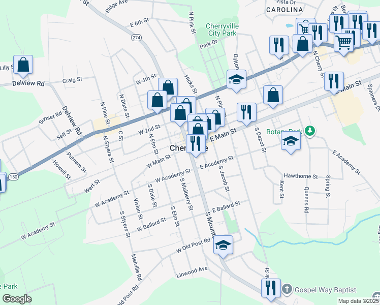 map of restaurants, bars, coffee shops, grocery stores, and more near North Carolina 274 in Cherryville