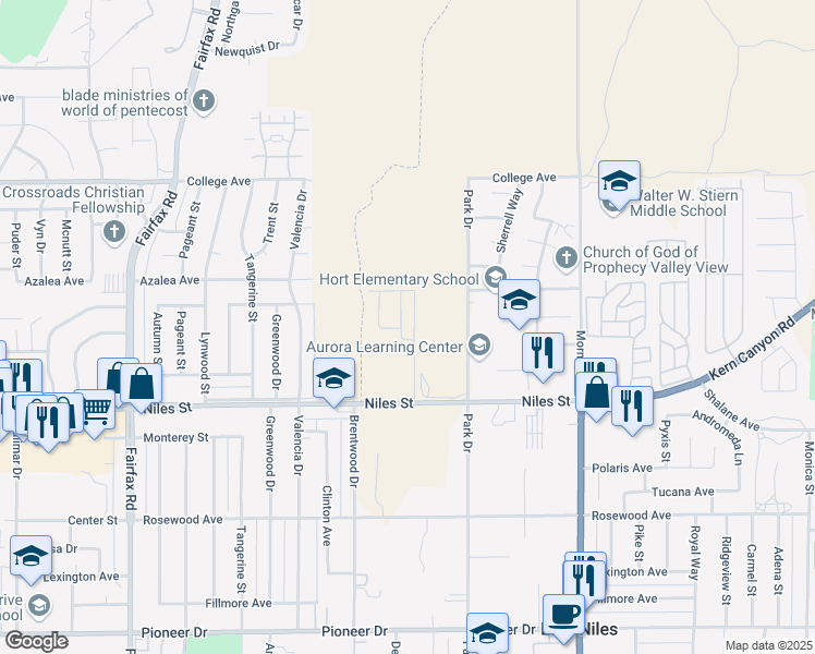 map of restaurants, bars, coffee shops, grocery stores, and more near 2711 Mallow Way in Bakersfield