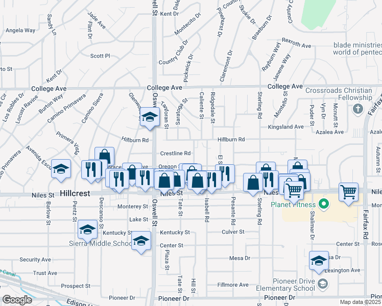 map of restaurants, bars, coffee shops, grocery stores, and more near 3219 Crestline Road in Bakersfield