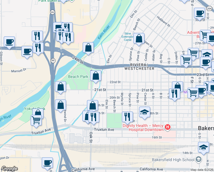 map of restaurants, bars, coffee shops, grocery stores, and more near Elm Street in Bakersfield