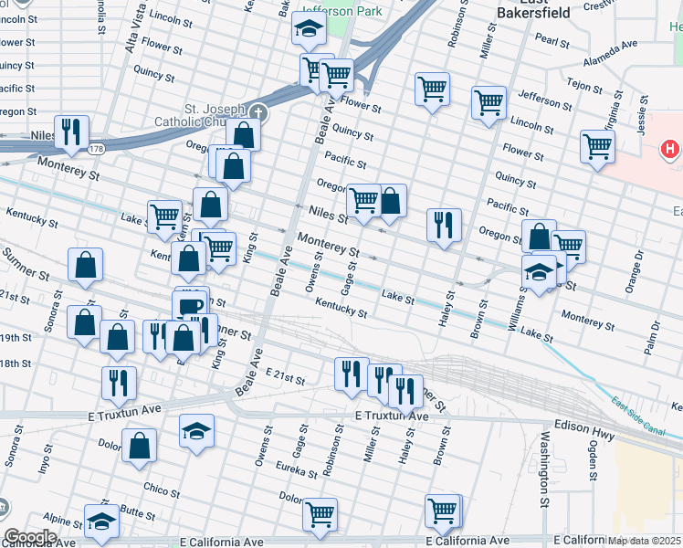 map of restaurants, bars, coffee shops, grocery stores, and more near 1102 Gage Street in Bakersfield