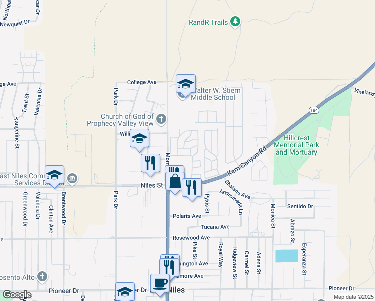 map of restaurants, bars, coffee shops, grocery stores, and more near Jill Drive in Bakersfield