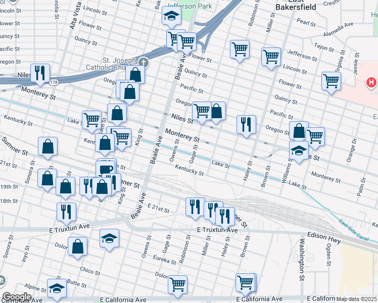 map of restaurants, bars, coffee shops, grocery stores, and more near 1102 Gage Street in Bakersfield