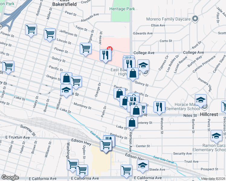 map of restaurants, bars, coffee shops, grocery stores, and more near 2012 Pacific Street in Bakersfield