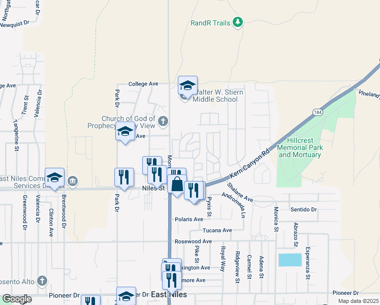 map of restaurants, bars, coffee shops, grocery stores, and more near Jill Drive in Bakersfield