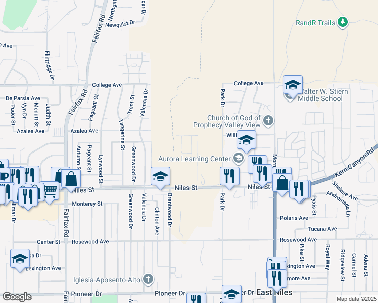 map of restaurants, bars, coffee shops, grocery stores, and more near 2301 Park Drive in Bakersfield