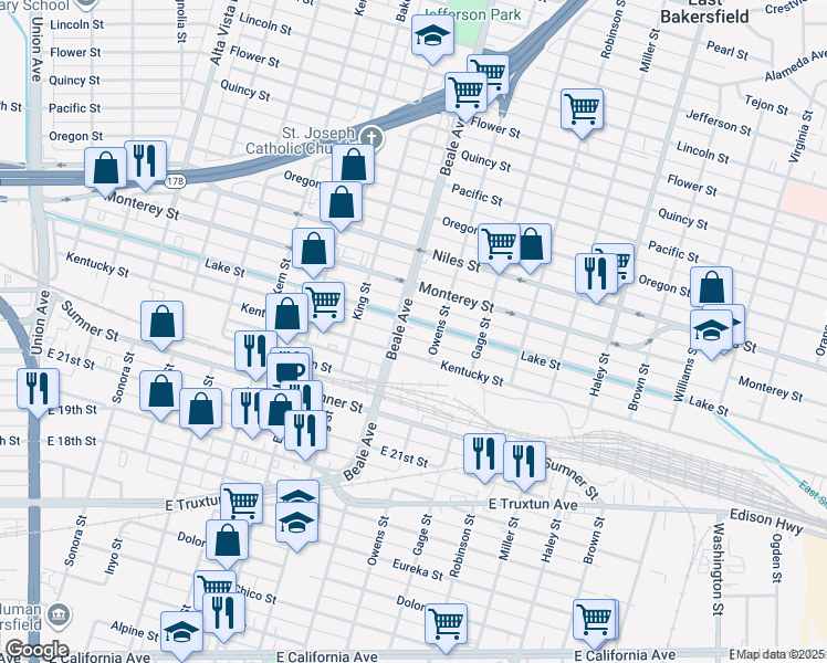 map of restaurants, bars, coffee shops, grocery stores, and more near 1130 Owens Street in Bakersfield