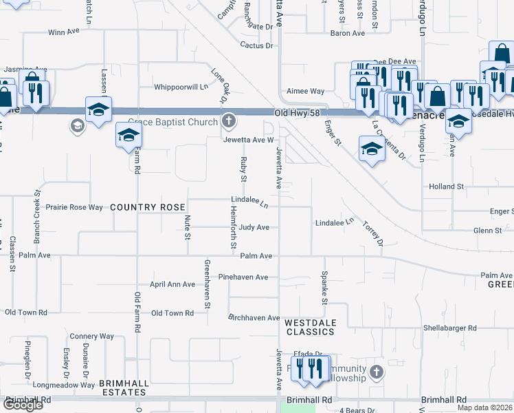 map of restaurants, bars, coffee shops, grocery stores, and more near 11407 Lindalee Lane in Bakersfield