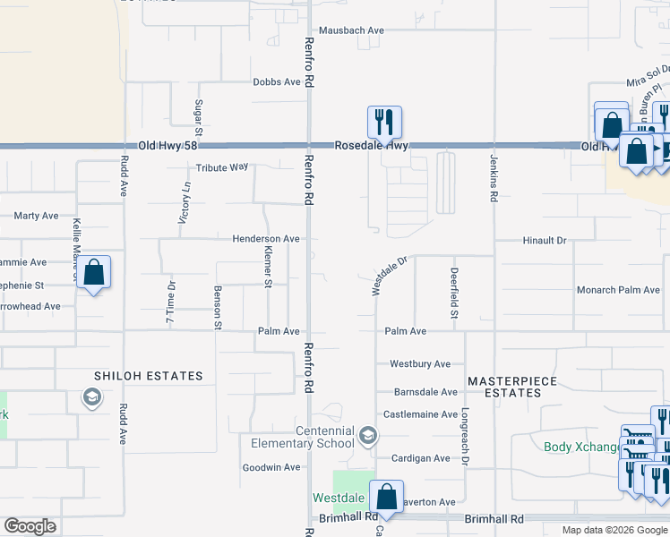 map of restaurants, bars, coffee shops, grocery stores, and more near 1950 Renfro Road in Bakersfield
