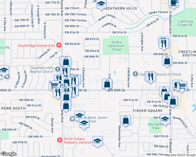 map of restaurants, bars, coffee shops, grocery stores, and more near 1401 Southwest 89th Street in Oklahoma City
