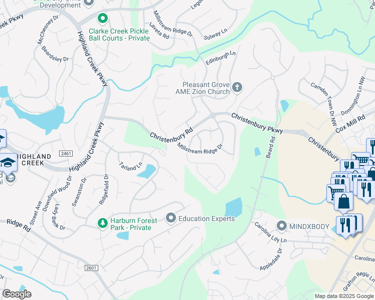 map of restaurants, bars, coffee shops, grocery stores, and more near 3600 Millstream Ridge Drive in Charlotte