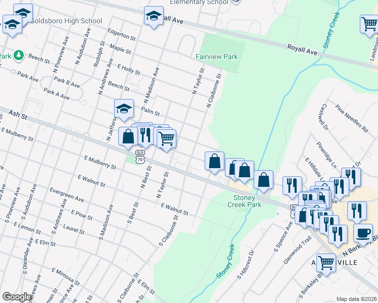 map of restaurants, bars, coffee shops, grocery stores, and more near 405 North Claiborne Street in Goldsboro