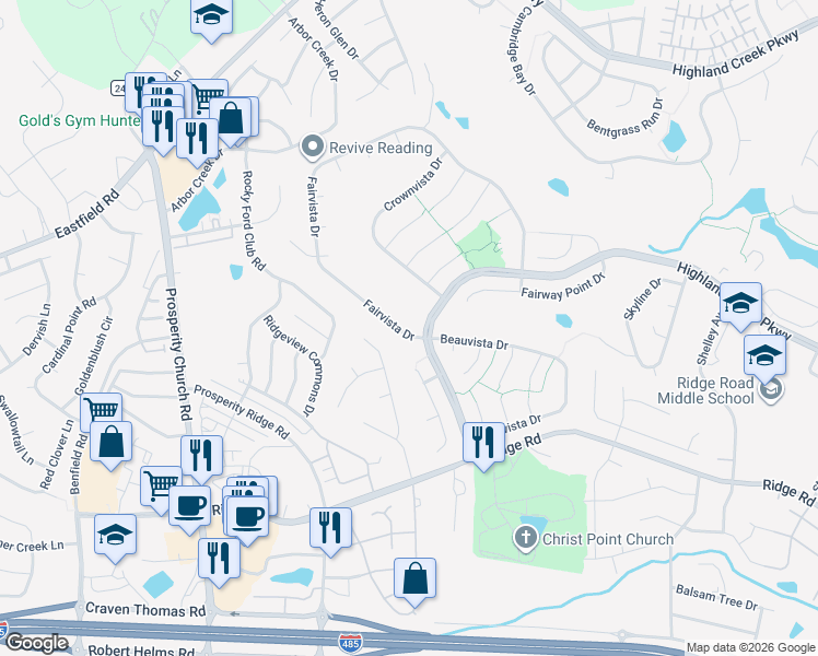 map of restaurants, bars, coffee shops, grocery stores, and more near 4520 Fairvista Drive in Charlotte