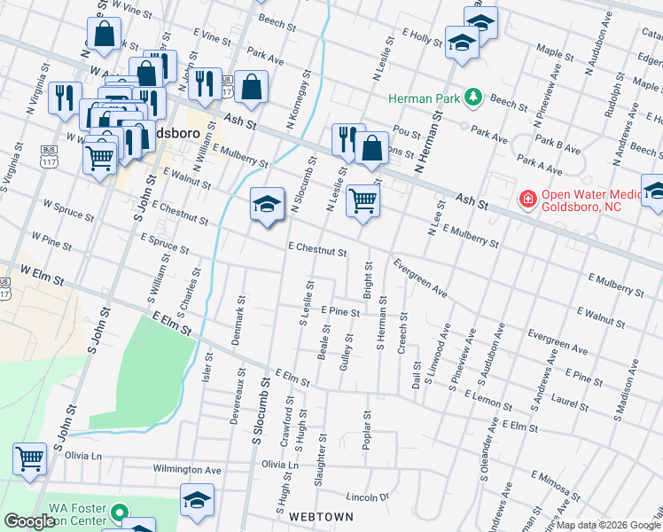 map of restaurants, bars, coffee shops, grocery stores, and more near 716 East Chestnut Street in Goldsboro