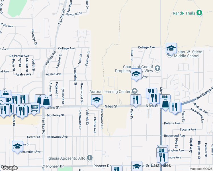 map of restaurants, bars, coffee shops, grocery stores, and more near 2708 Marivale Street in Bakersfield
