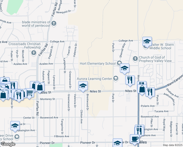 map of restaurants, bars, coffee shops, grocery stores, and more near 2708 Marivale Street in Bakersfield
