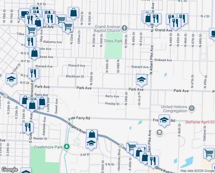 map of restaurants, bars, coffee shops, grocery stores, and more near 3625 Park Avenue in Fort Smith