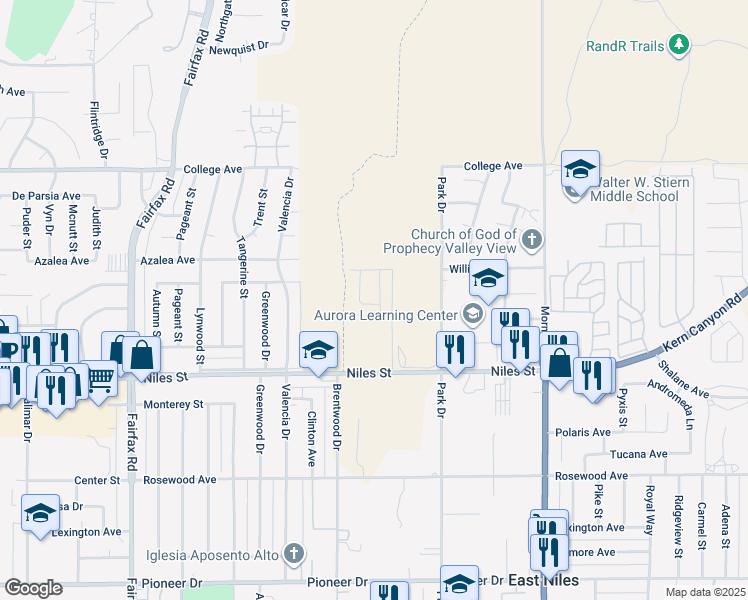 map of restaurants, bars, coffee shops, grocery stores, and more near 2702 Mallow Way in Bakersfield