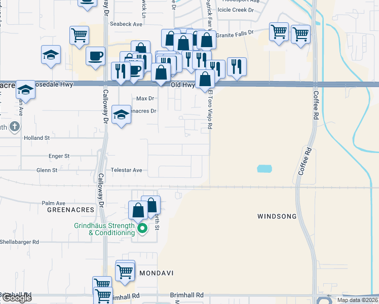 map of restaurants, bars, coffee shops, grocery stores, and more near 9010 Wolf River Avenue in Bakersfield