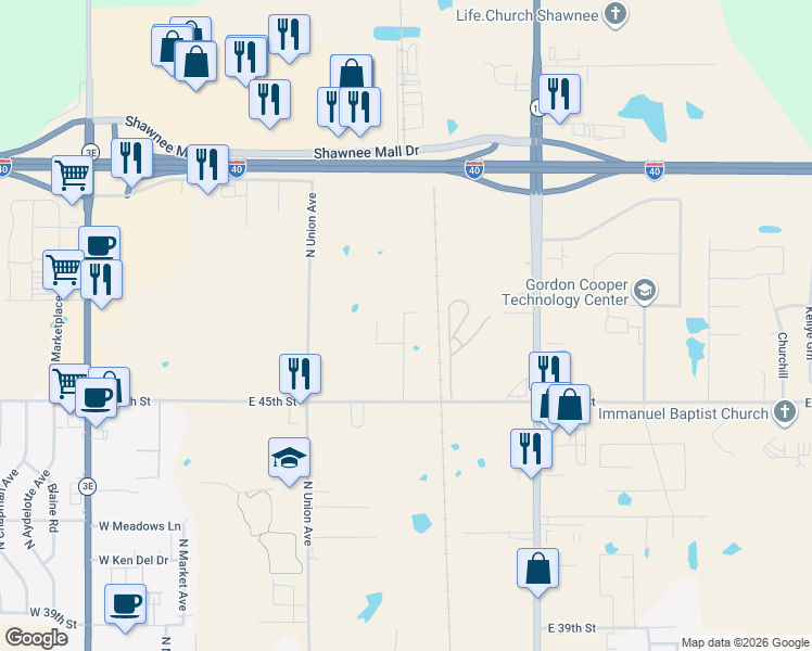 map of restaurants, bars, coffee shops, grocery stores, and more near 500 East 45th Street in Shawnee