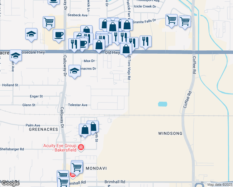 map of restaurants, bars, coffee shops, grocery stores, and more near 9010 Wolf River Avenue in Bakersfield
