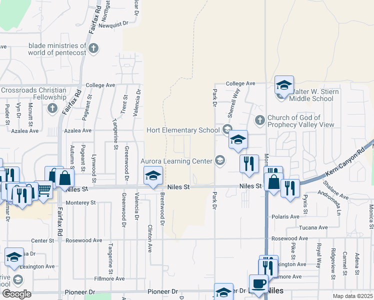 map of restaurants, bars, coffee shops, grocery stores, and more near 2715 Mallow Way in Bakersfield