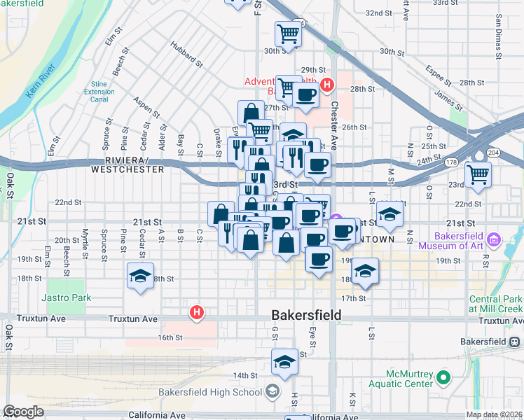 map of restaurants, bars, coffee shops, grocery stores, and more near 2130 F Street in Bakersfield