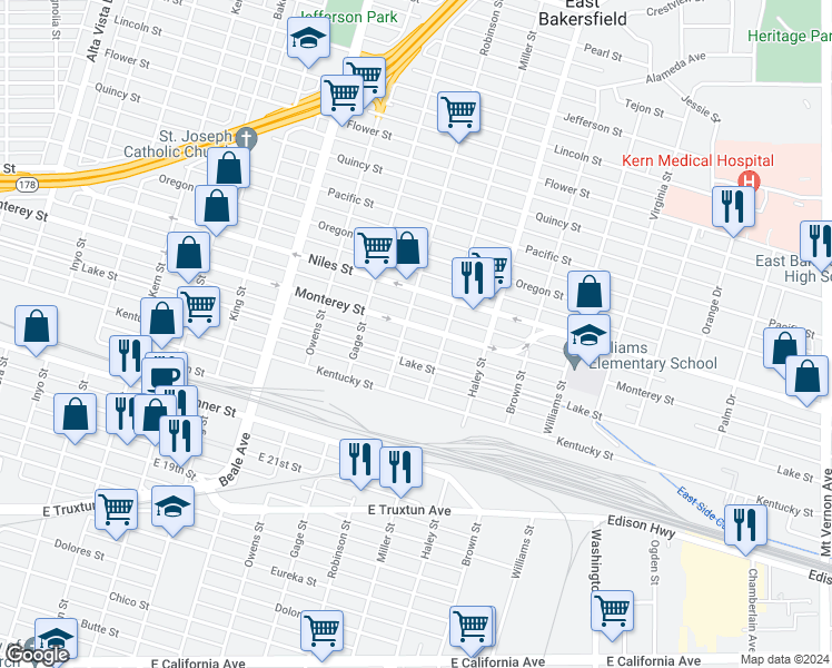 map of restaurants, bars, coffee shops, grocery stores, and more near 1207 Monterey Street in Bakersfield