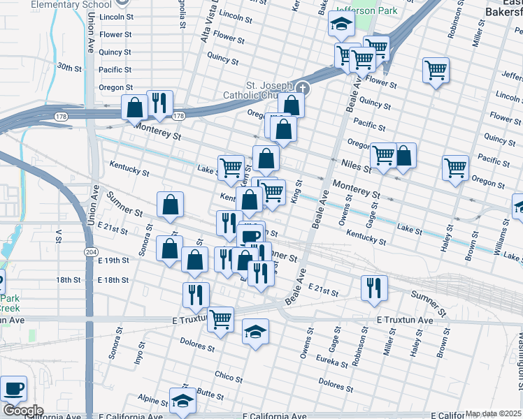 map of restaurants, bars, coffee shops, grocery stores, and more near 970 Baker Street in Bakersfield